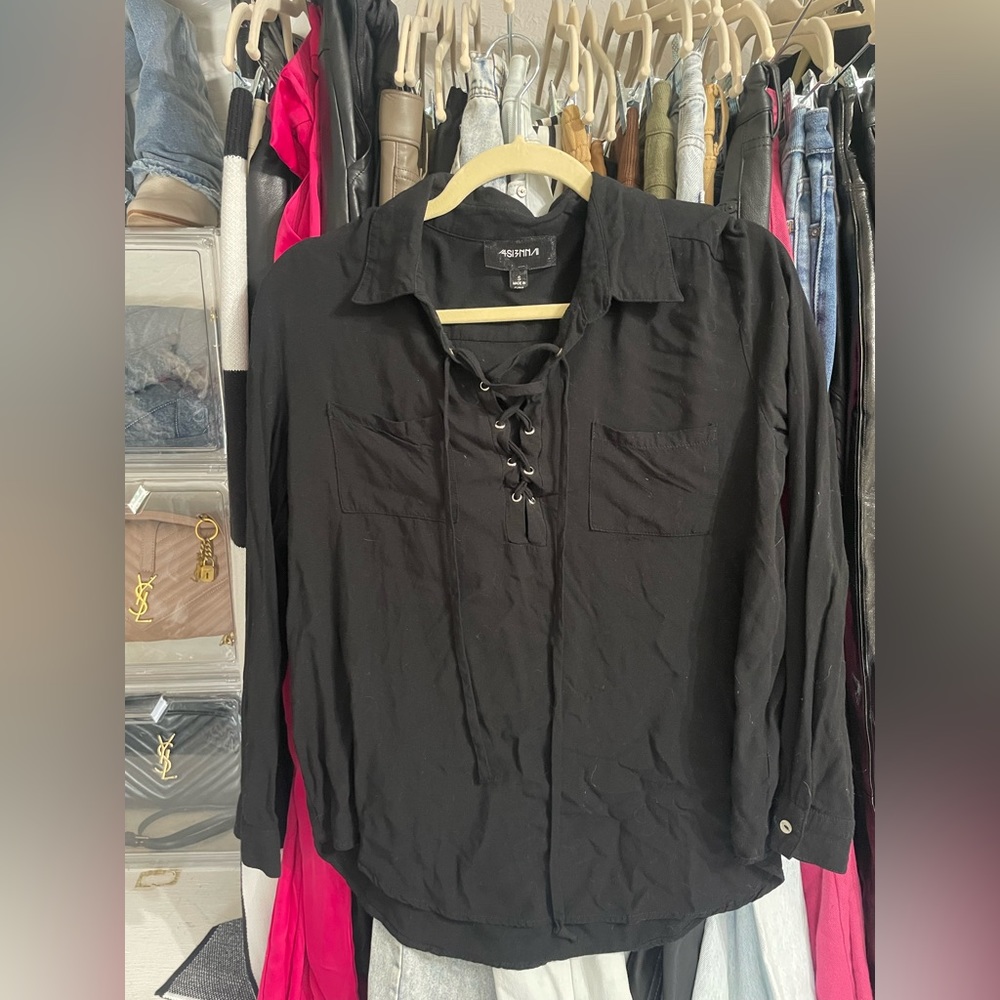 Black lace up long sleeve top - small